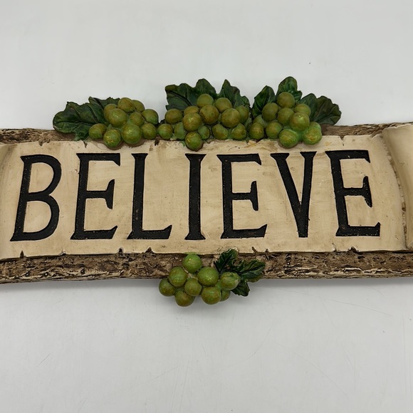 Believe Resin Molded Wall Art w/Scrolling Black Metal & 3D Grapes/Scrolled Sign - Picture 3 of 8